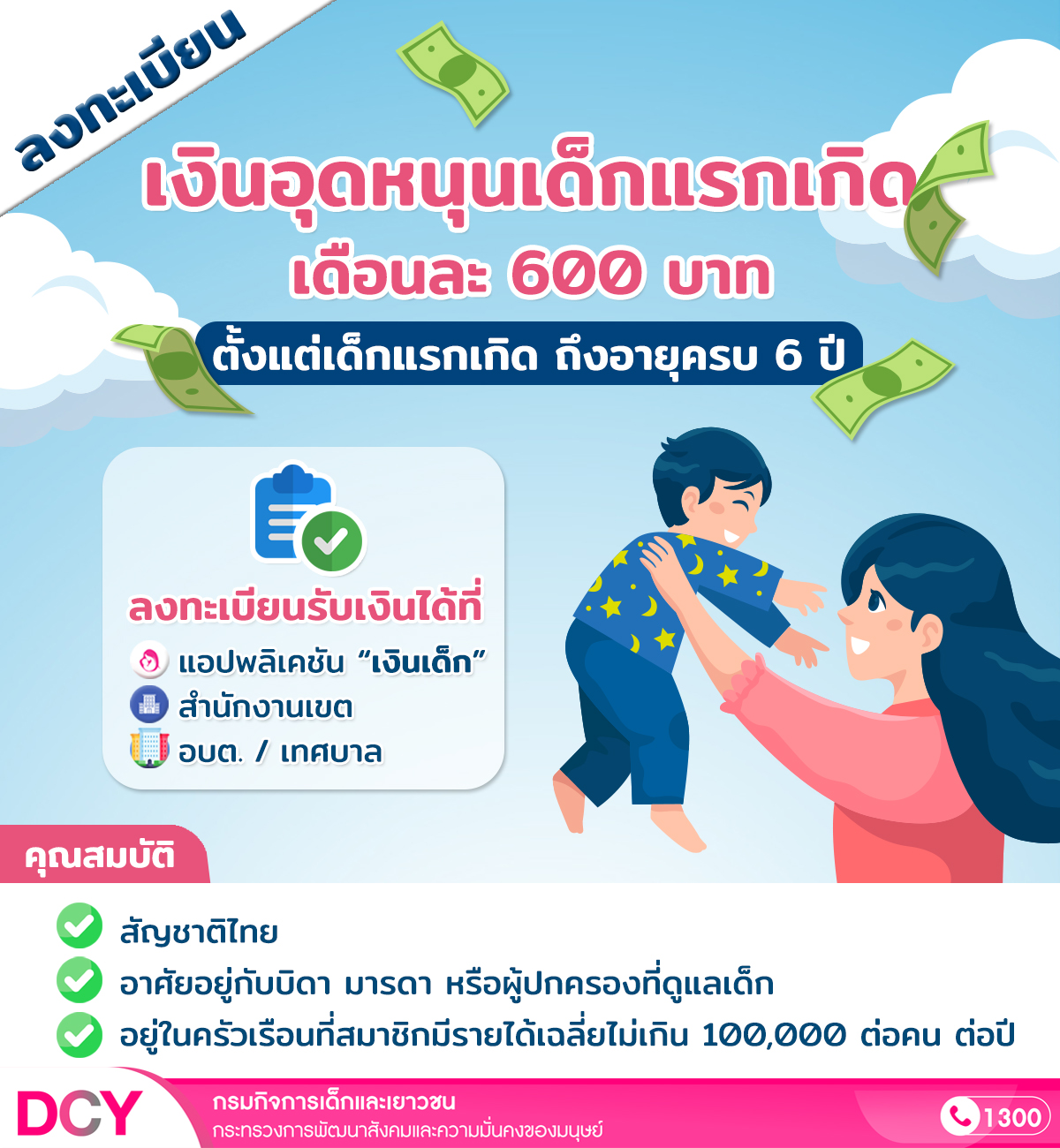 เงินอุดหนุนเด็กแรกเกิด เดือนละ 600 บาท จนอายุครบ 6 ปี
