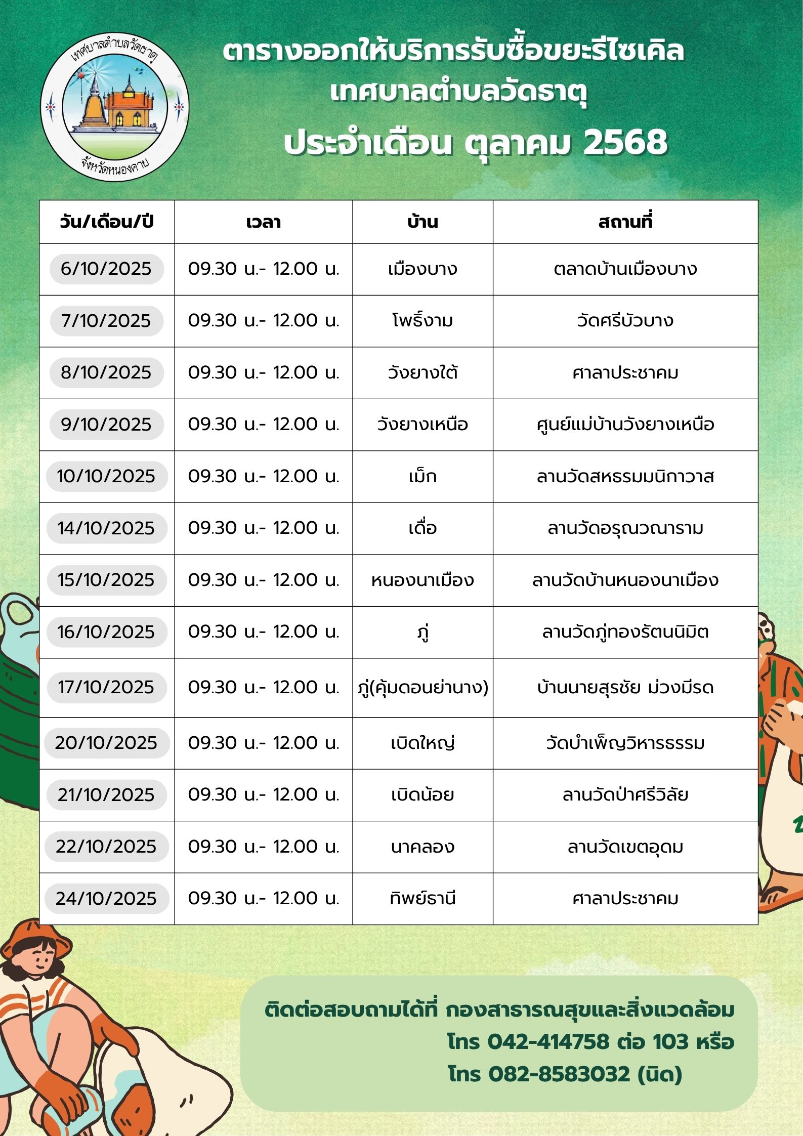 ขอแจ้งตารางออกให้บริการรับซื้อขยะรีไซเคิล ประจำเดือน ตุลาคม 2568