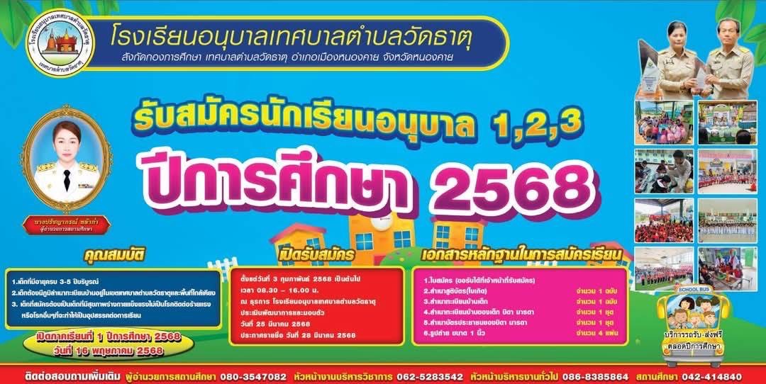 โรงเรียนอนุบาลเทศบาลตำบลวัดธาตุ รับสมัครนักเรียน ปีการศึกษา 2568